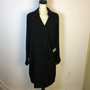 DKNY Faux Wrap Dress Size 22W Womans Plus Black Long Sleeve Logo at Waist Collar